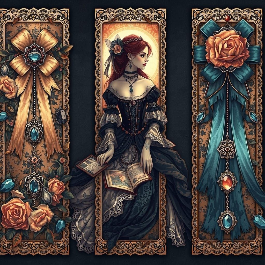 Romantic Bookmark Design with Medieval Woman and Floral Elem...