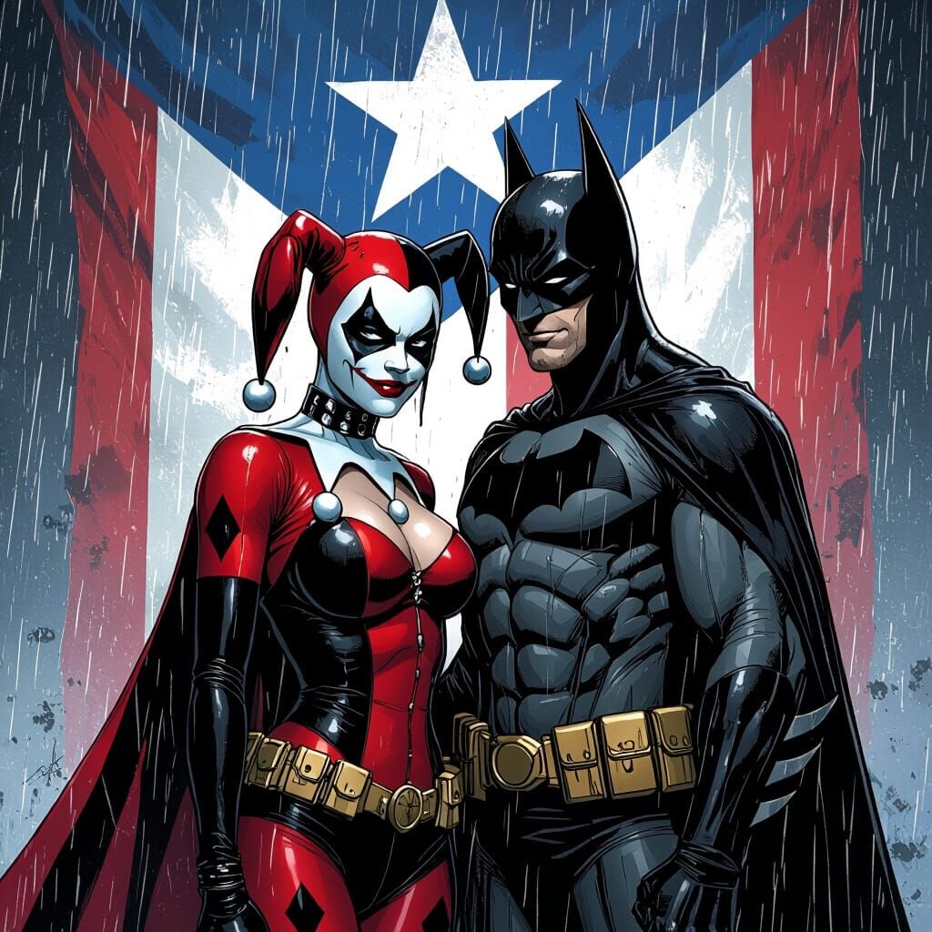 Harley Quinn and Batman in Rain, Comic Book Art