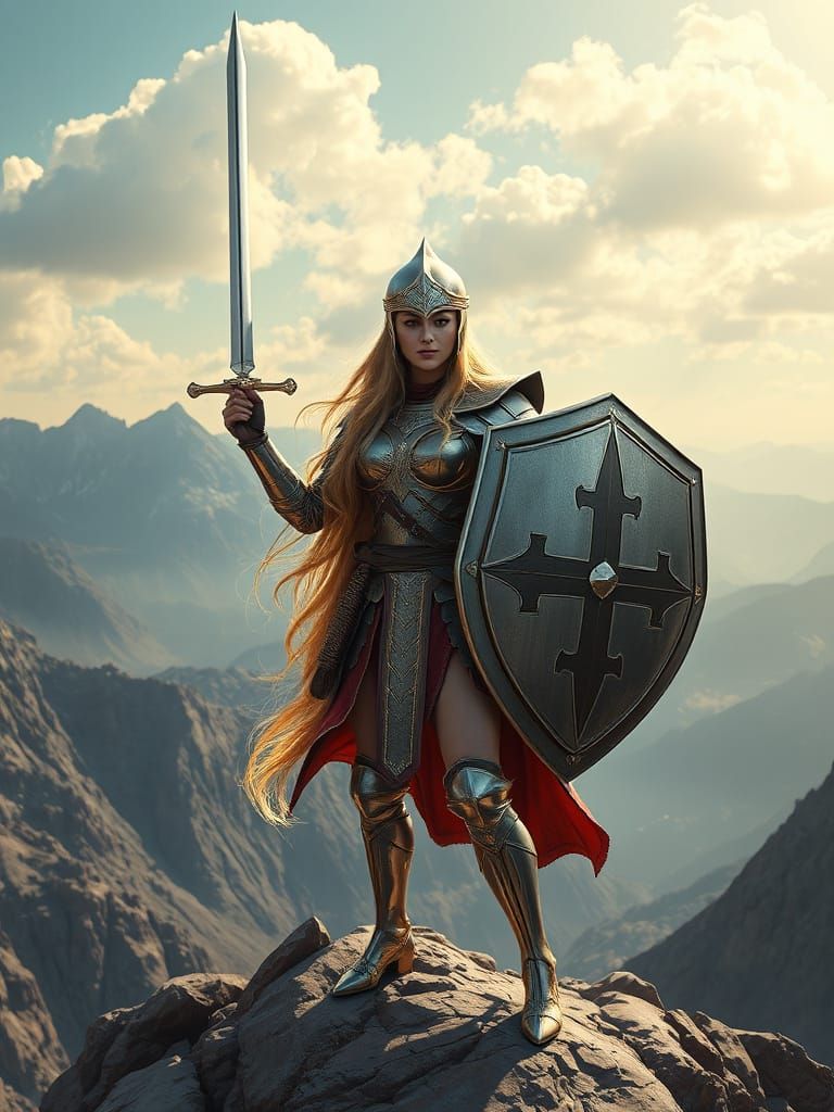 Armored Warrior on Mountaintop in Oil Painting Style