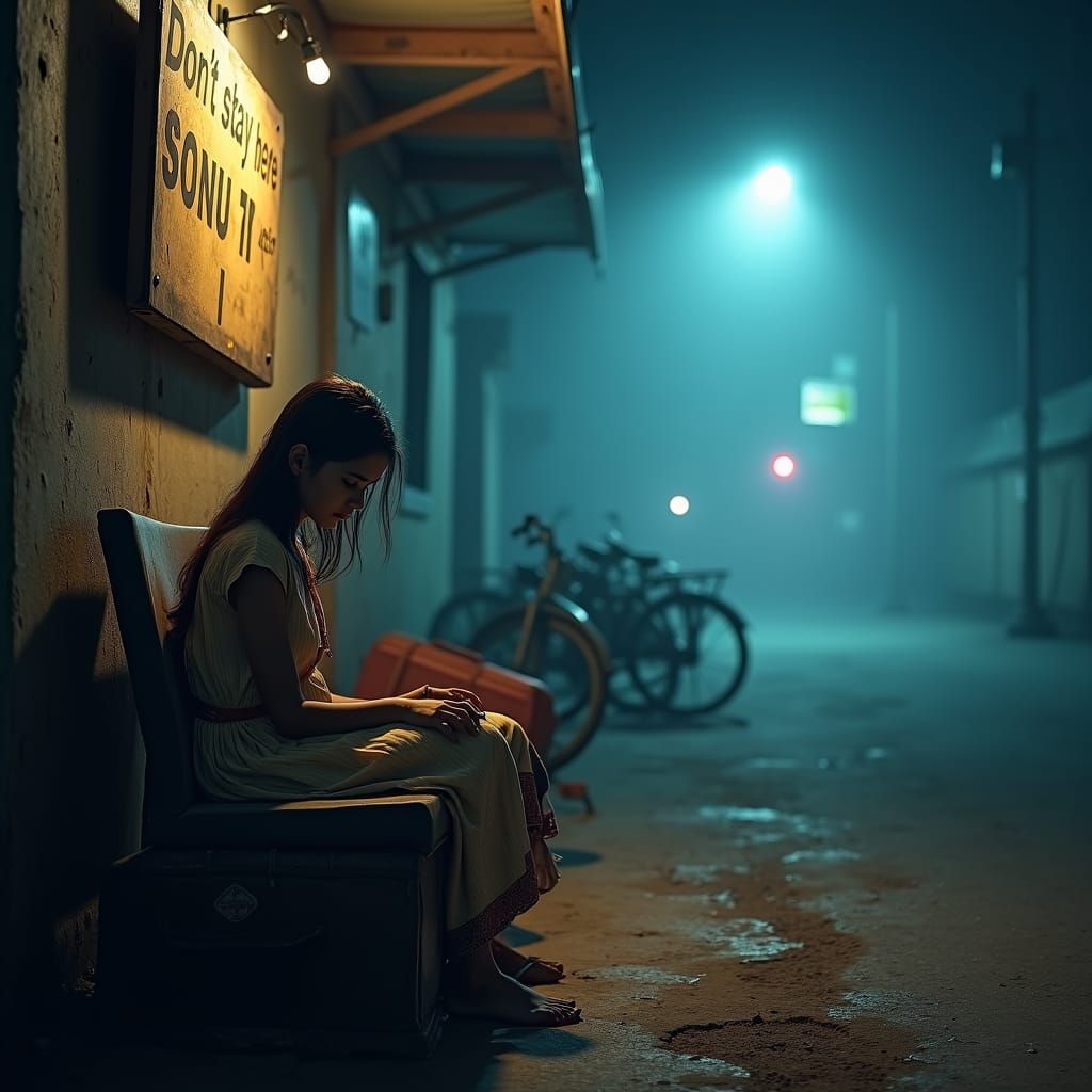Eerie Midnight Bus Stop Scene in India
