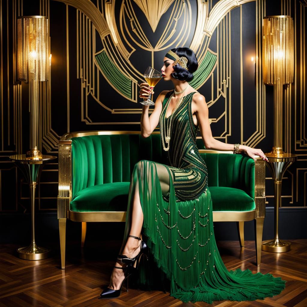 Beautiful art deco filled room gold green and black furniture art deco style walls woman dressed in amazing glitzy flapp...