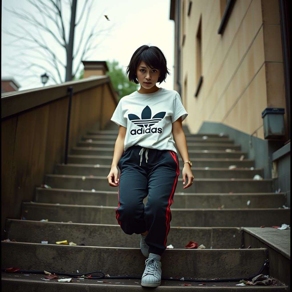 Cinematic Film Still: Woman on Weathered Steps