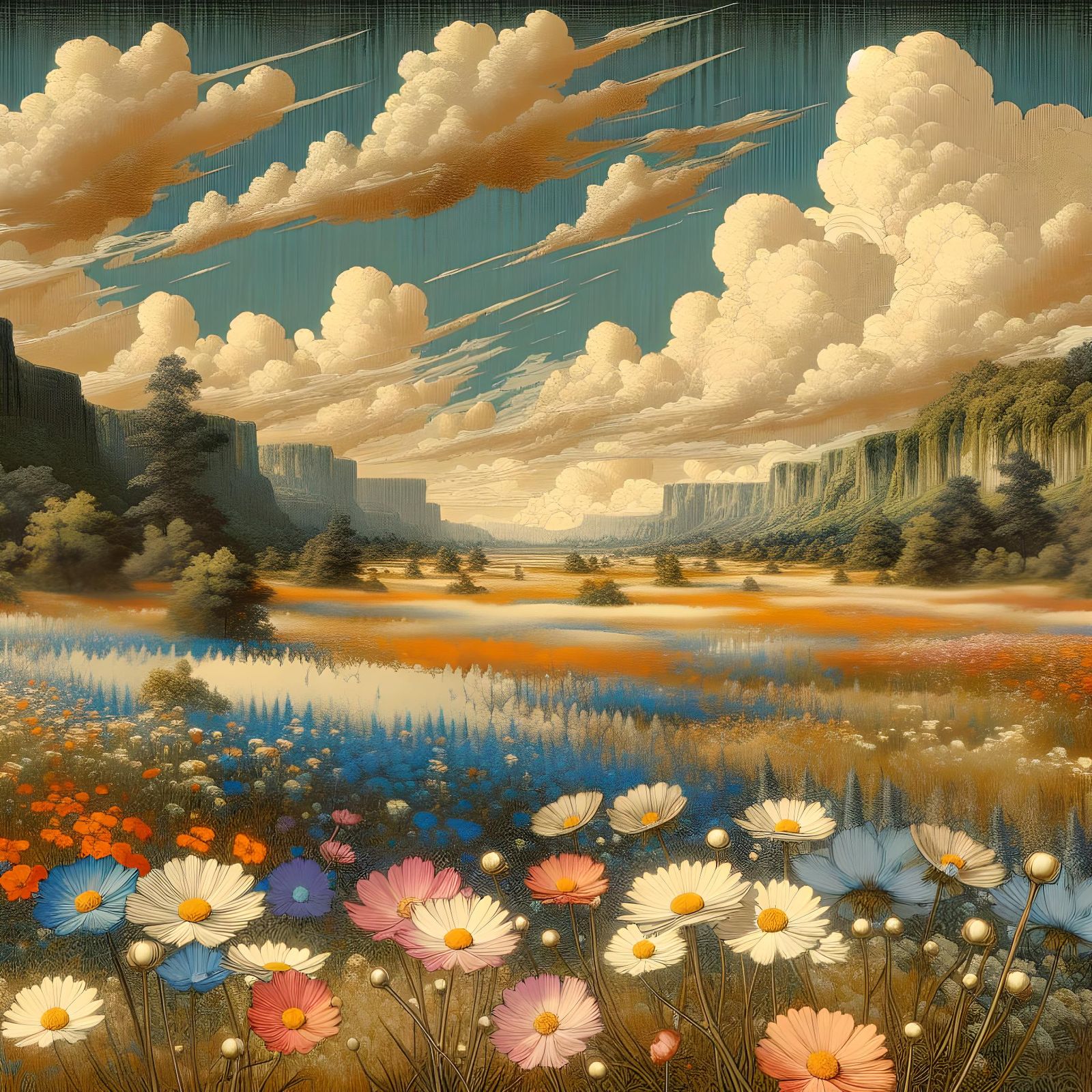 Ukiyo-E Inspired 3D Anime Art of Wildflower Field and Puffy ...