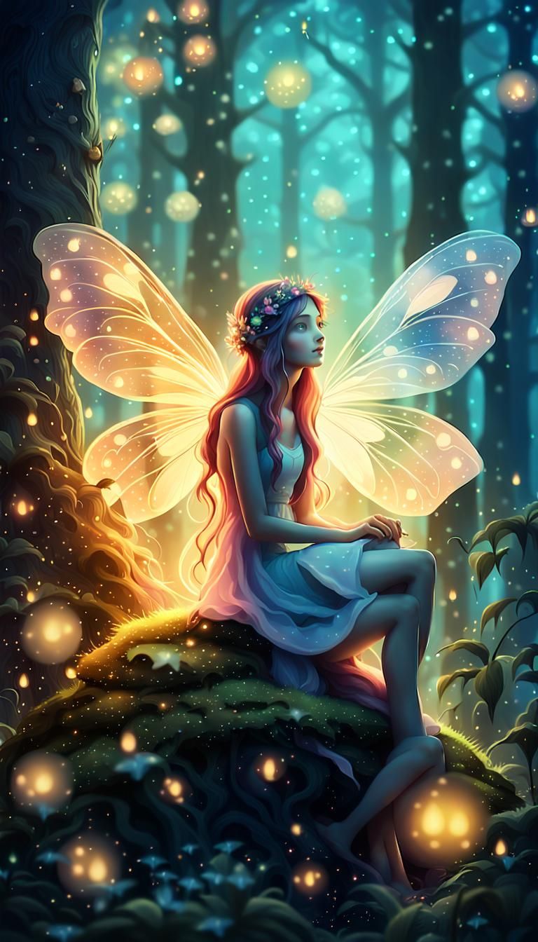Fairy on Mushroom in Moonlit Forest: Fantasy Art