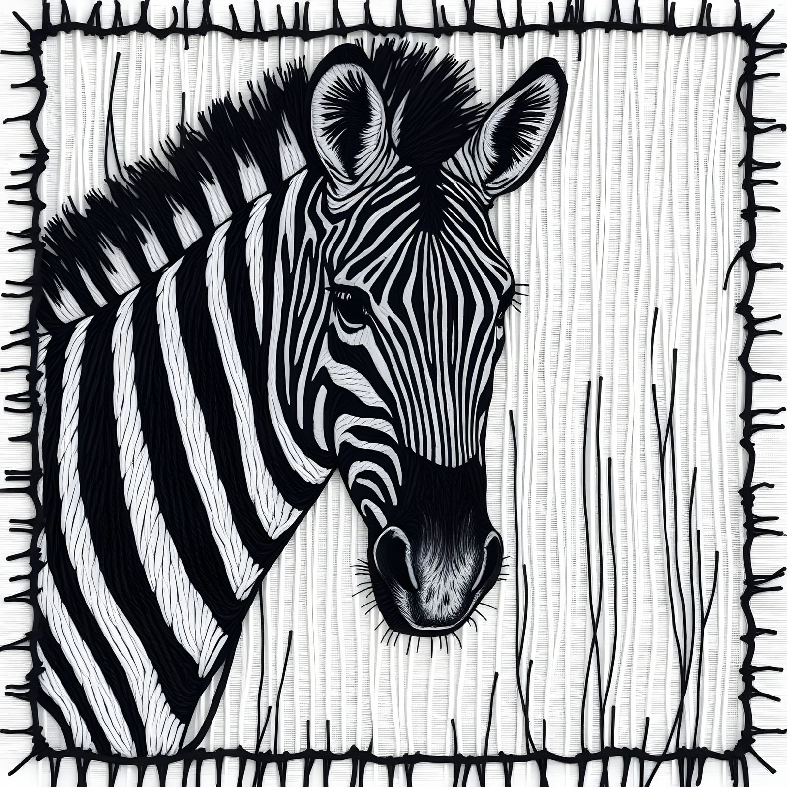 Yarn Zebra Xylograph: Unique Artistic Creation