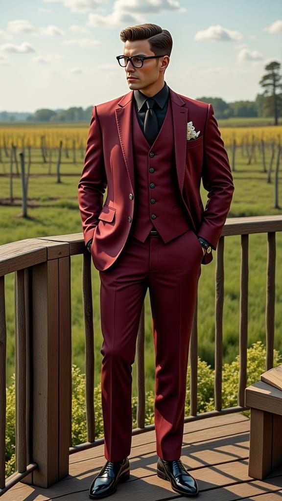 Surrealistic Portrait of a Handsome Man in a Burgundy Three-...