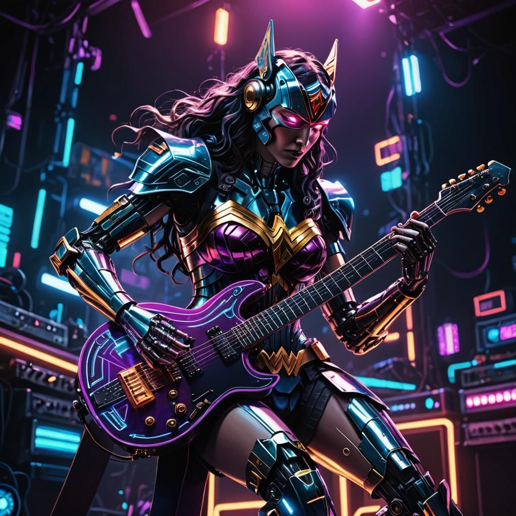 Cyberpunk Wonder Woman Robot Plays Guitar
