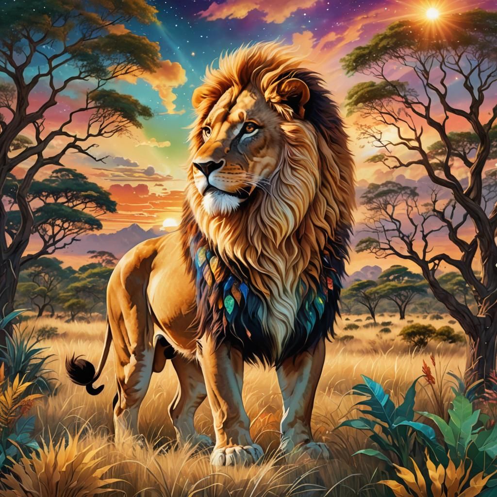 Magical Lion in Lush Savannah: Digital Art