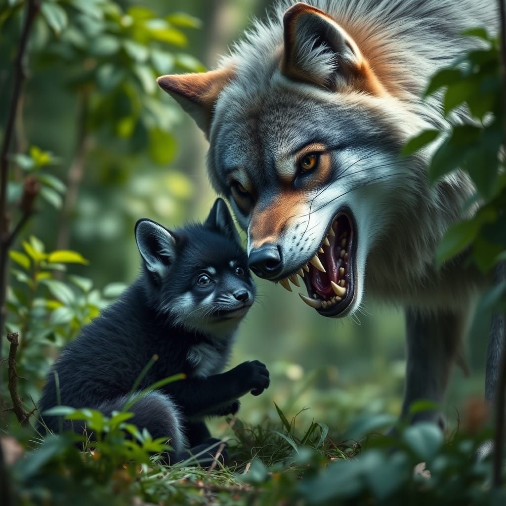 Terrified Fox Pup and Menacing Wolf in Forest