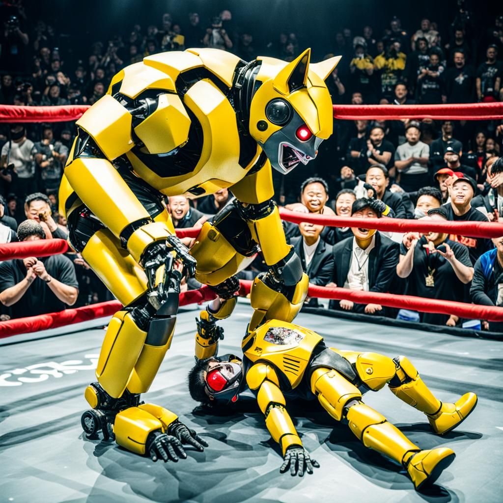 Robot Cat Wrestles Yellow Wrestler Before Screaming Fans