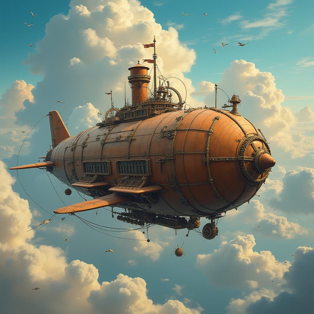 Steampunk Airship Soaring Through a Whimsical Sky