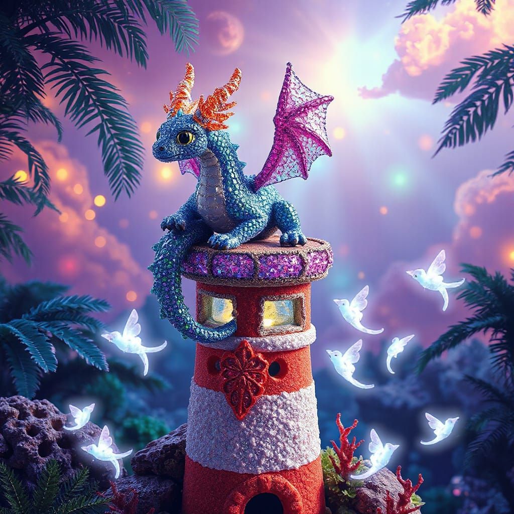 Glass Bead Dragon on Coral Lighthouse in Mystical Jungle