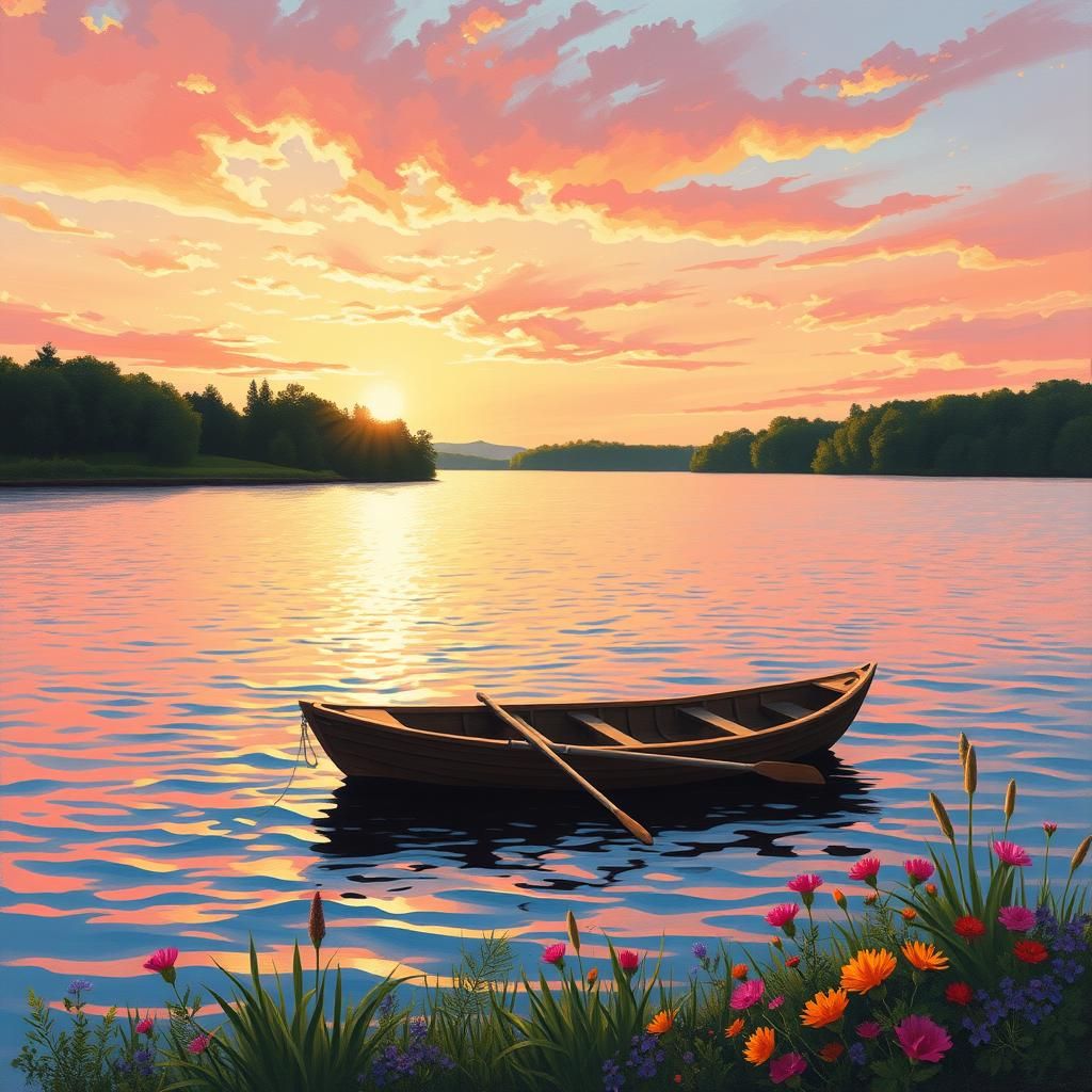 Sunset Lake with Boat in Impressionist Style