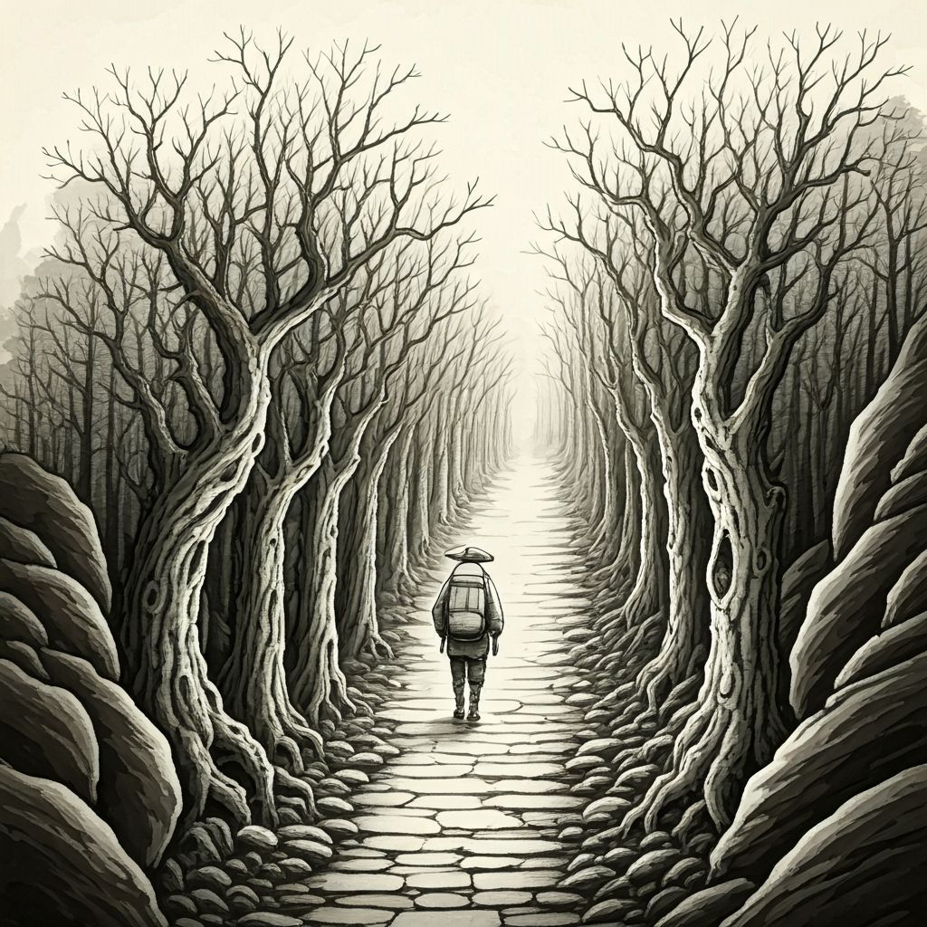 Solitary Traveler on Mountain Path in Ink Drawing Style