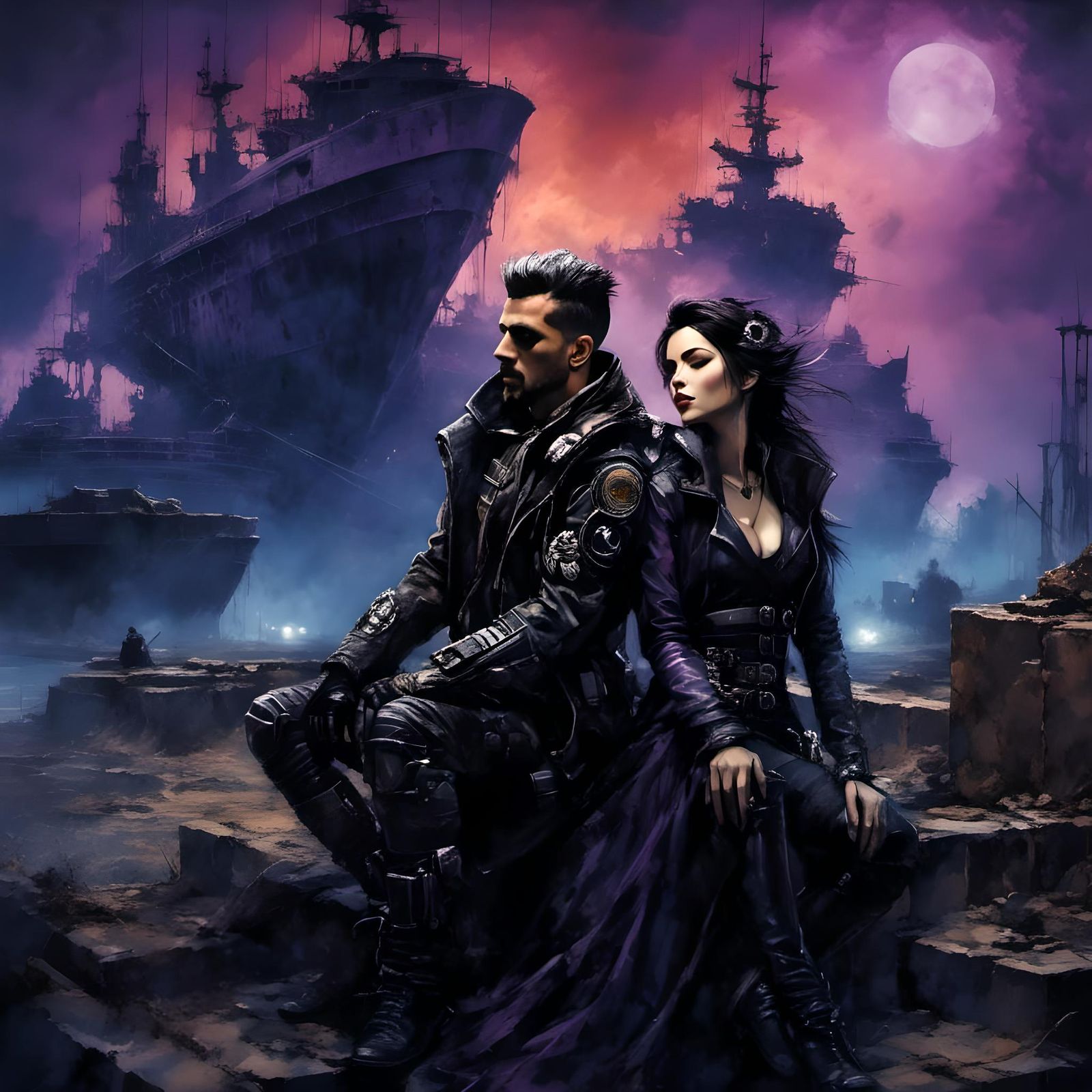 Cyborg Embrace in Futuristic Harbor Ruins