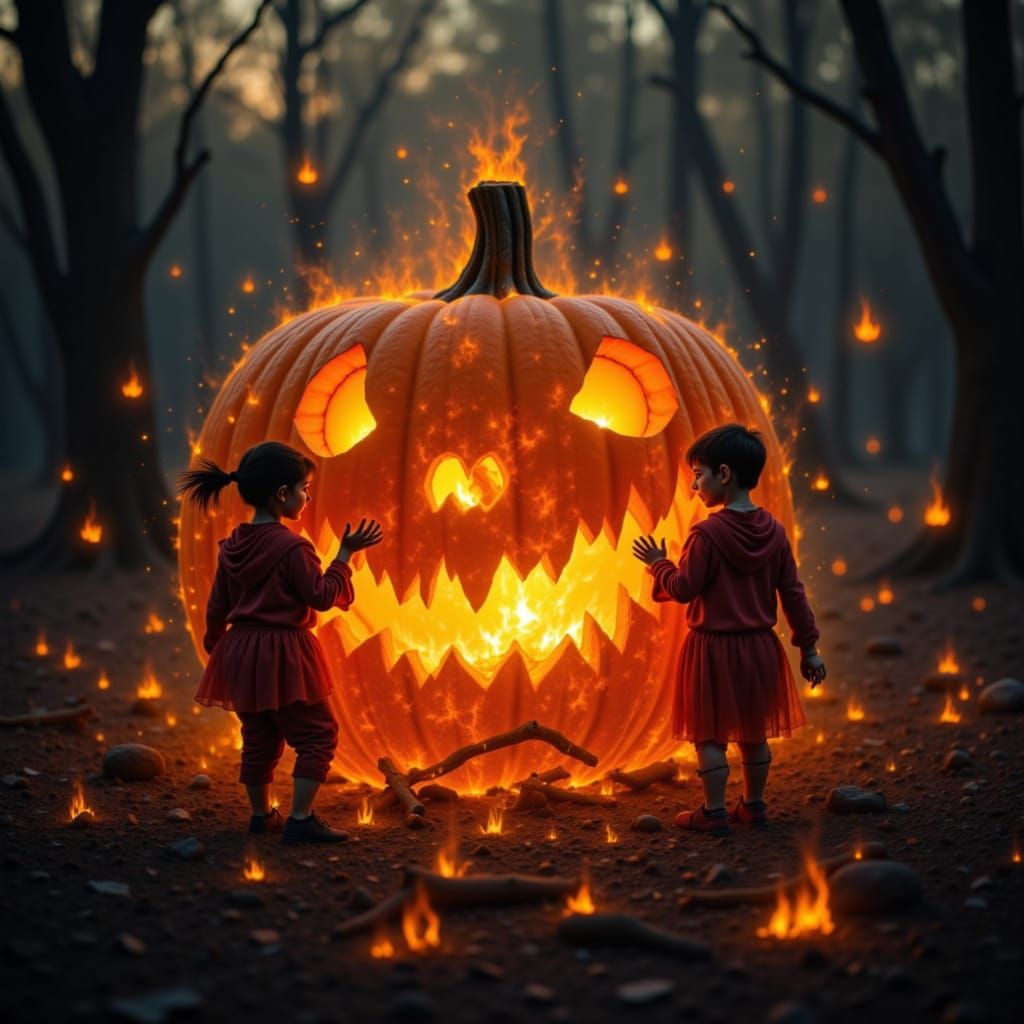 Glowing Jack-o'-Lantern Over Campfire With Spooky Children