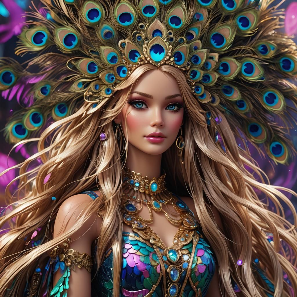 Barbie Doll in Feathered Costume, Hyperdetailed Digital Art