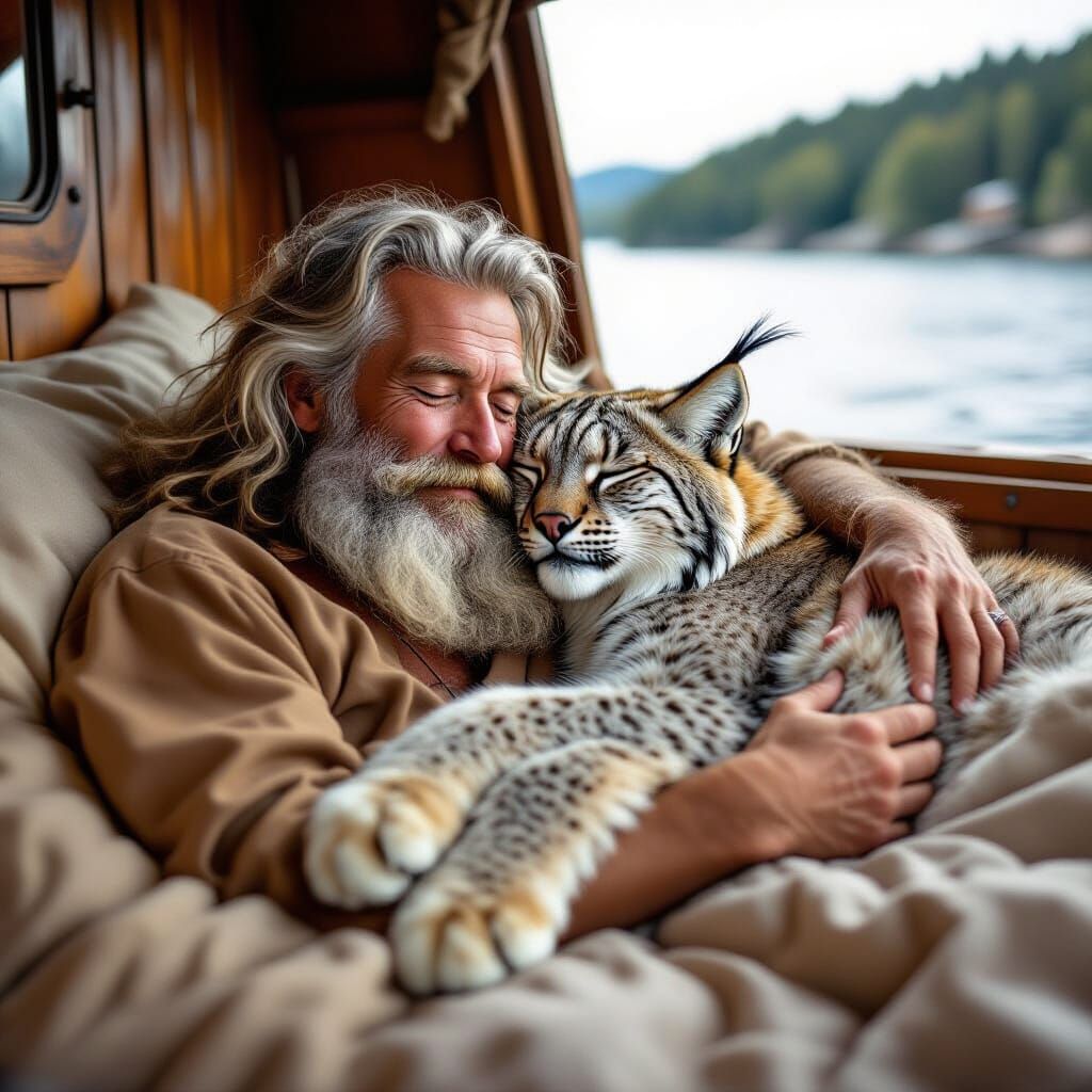 Ageing Hippie Sleeps Peacefully with Lynx in Forest Cabin