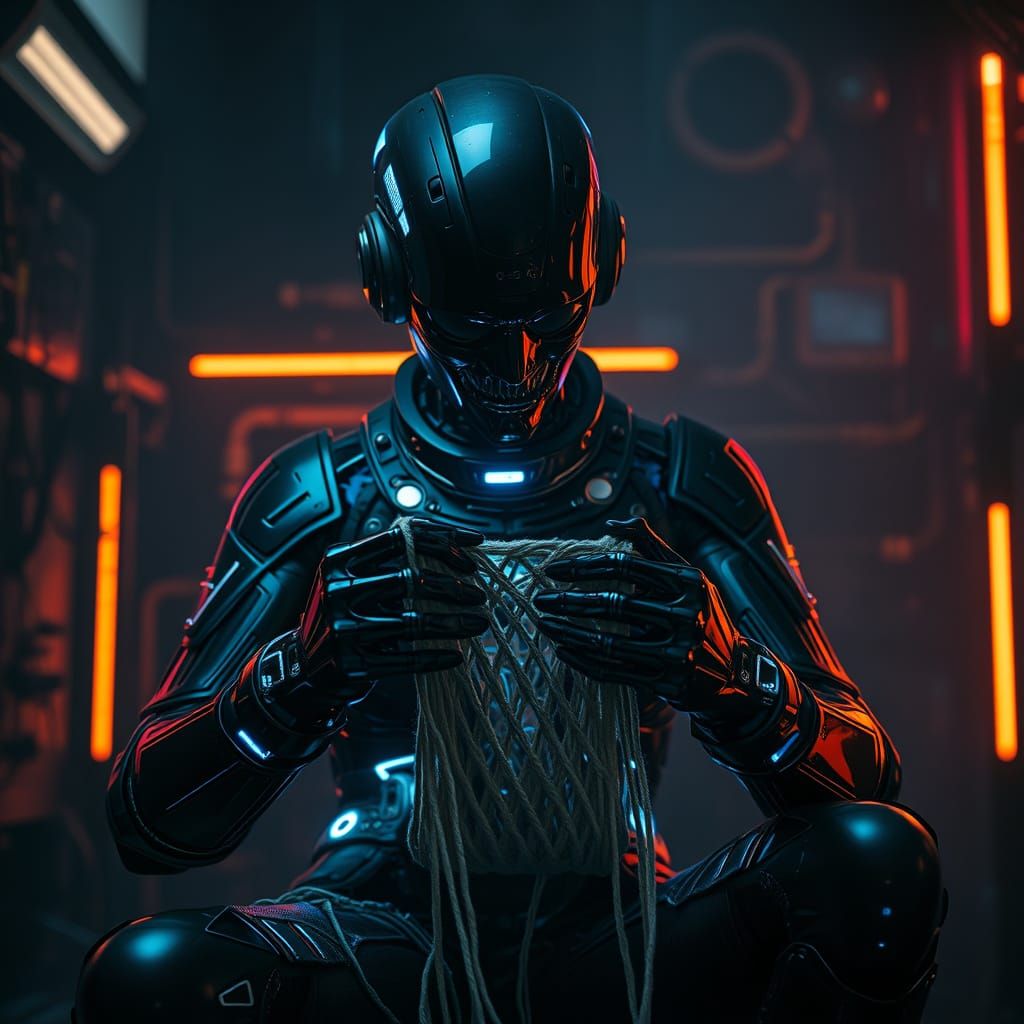 Cyborg Knitter in Futuristic Chamber