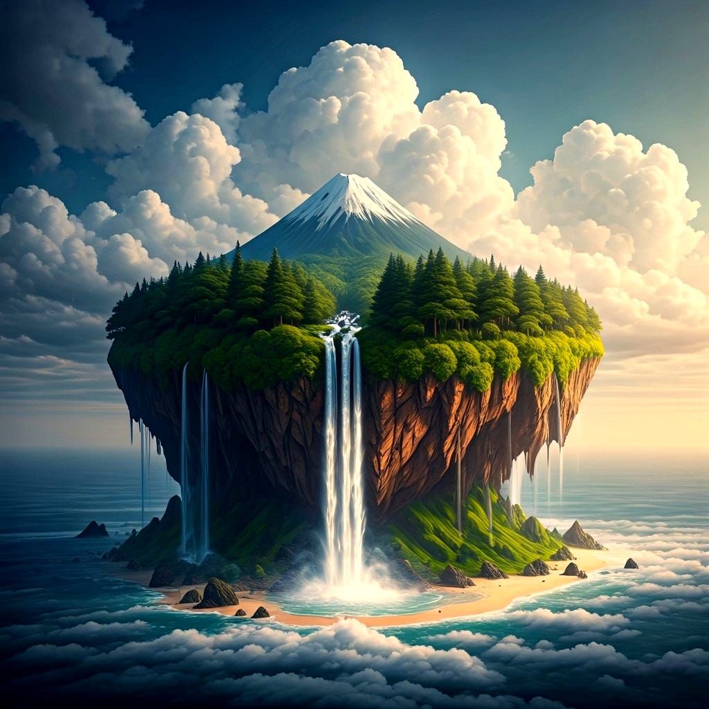 Idyllic Island in Cloud Ocean with Waterfall