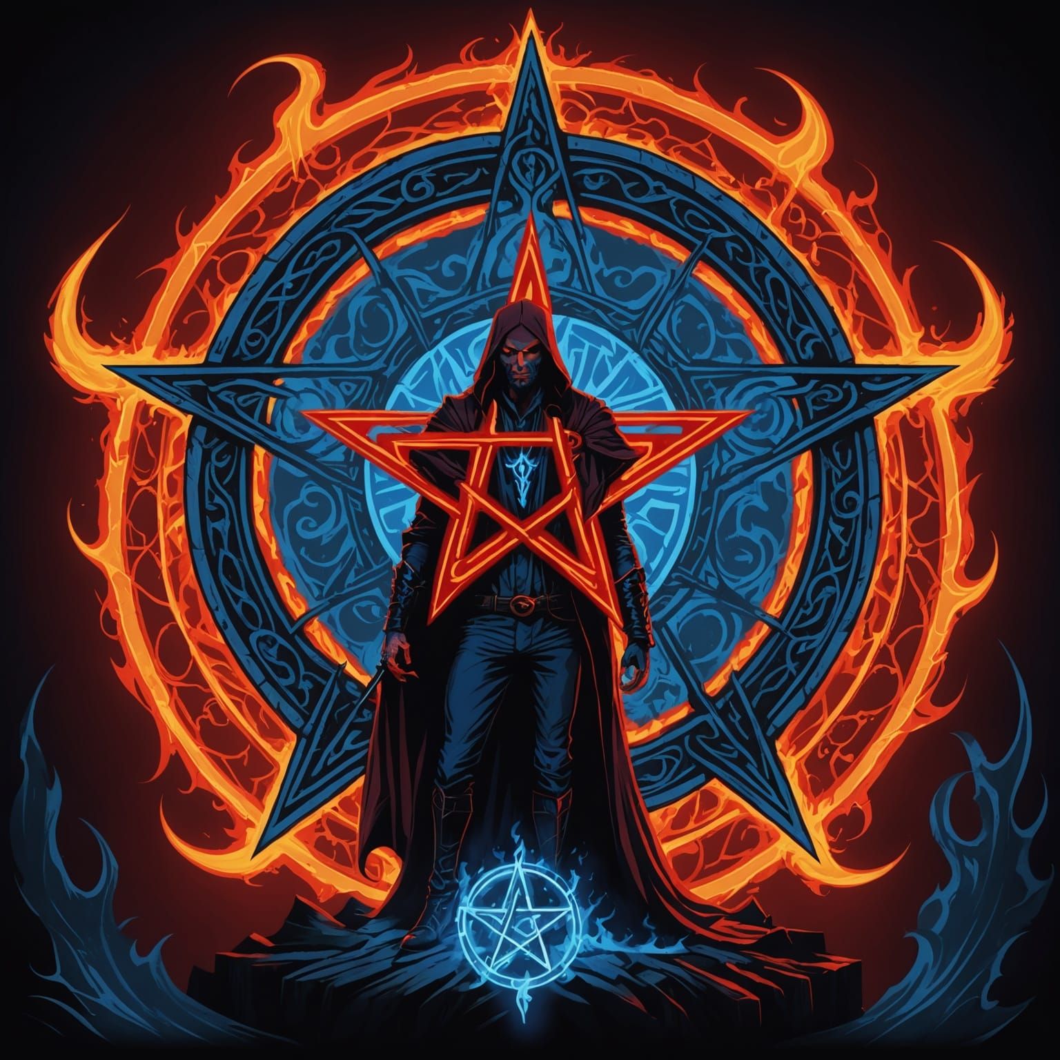 Red Pentagram with Blue Flames and Lucifer