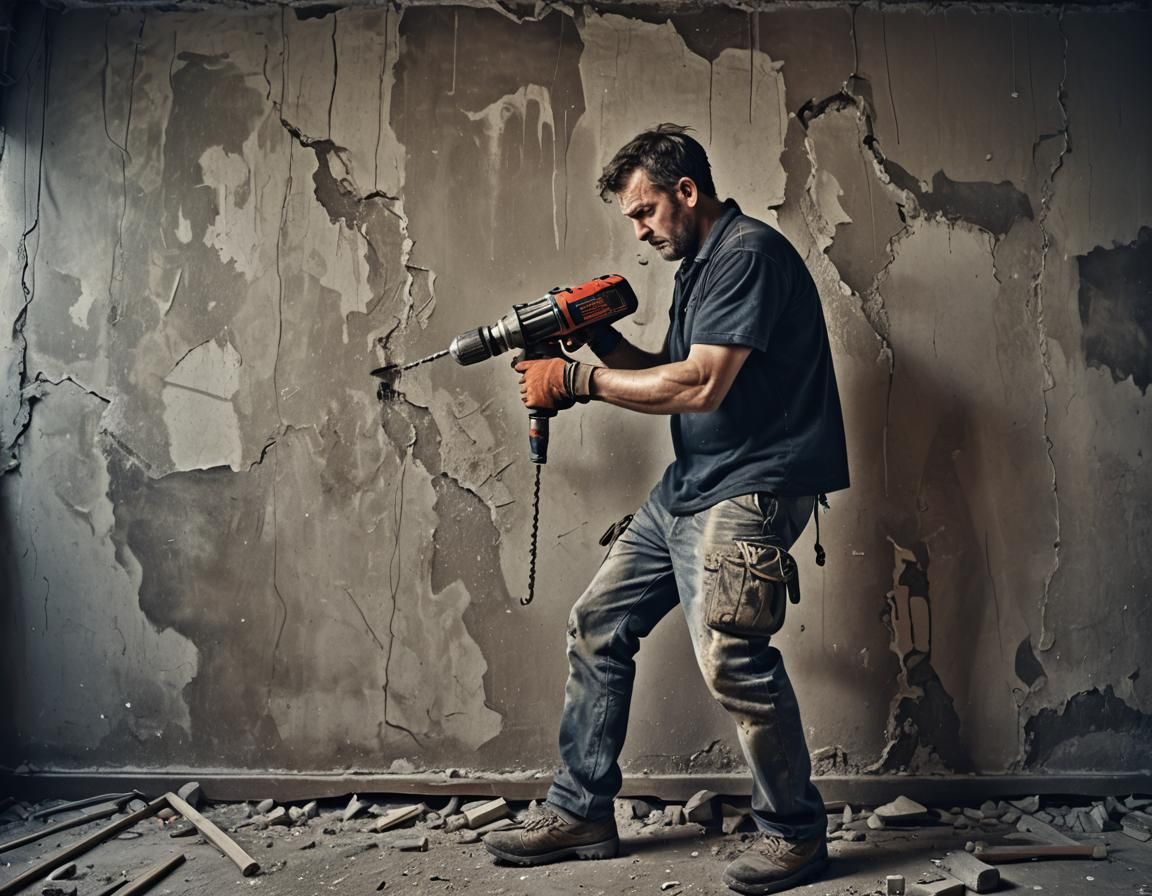 Hyperrealistic Man Hammers Apartment Wall in HDR