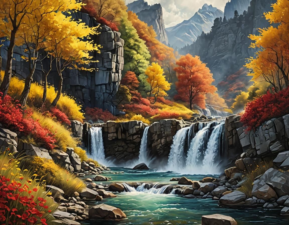 Autumnal Watercolor Masterpiece with Wild Blue River and Vib...