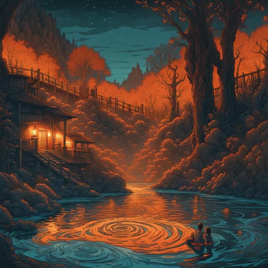 Riverside Hot Springs Spell in Linocut Style