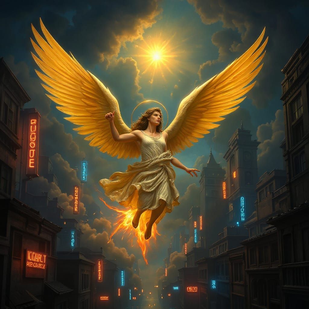 Cyberpunk Angel Descends Over Neon City