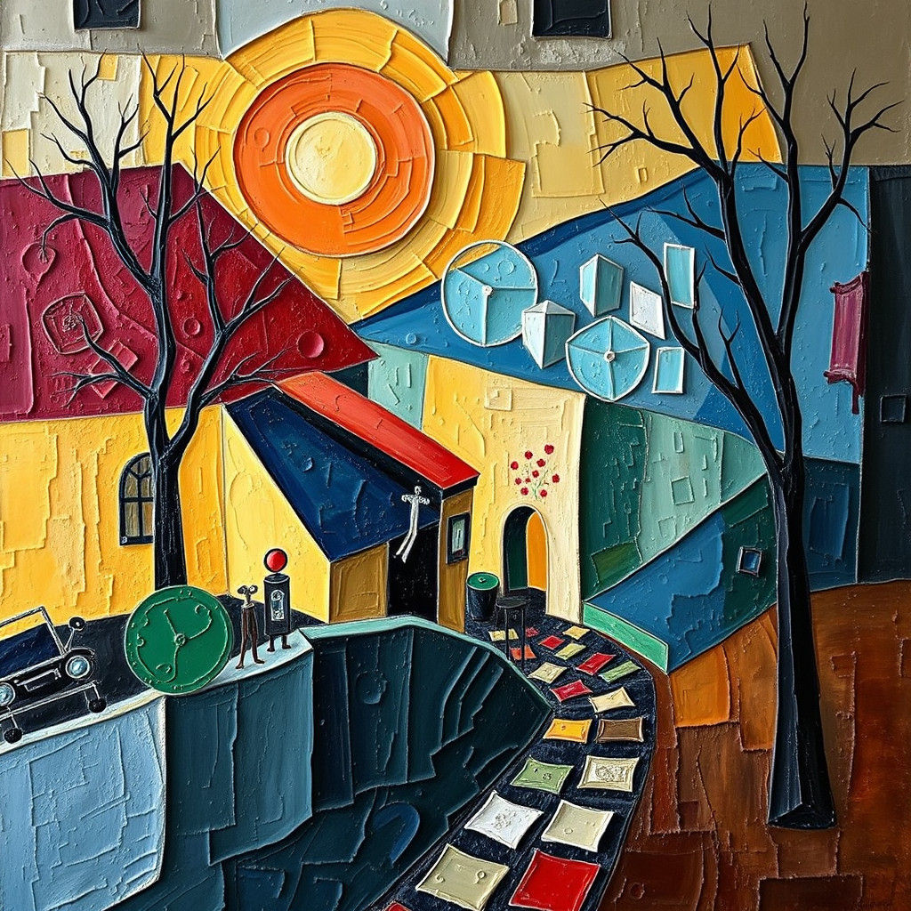 Romantic Oil Painting: Rollin' Home in Abstract Cubism