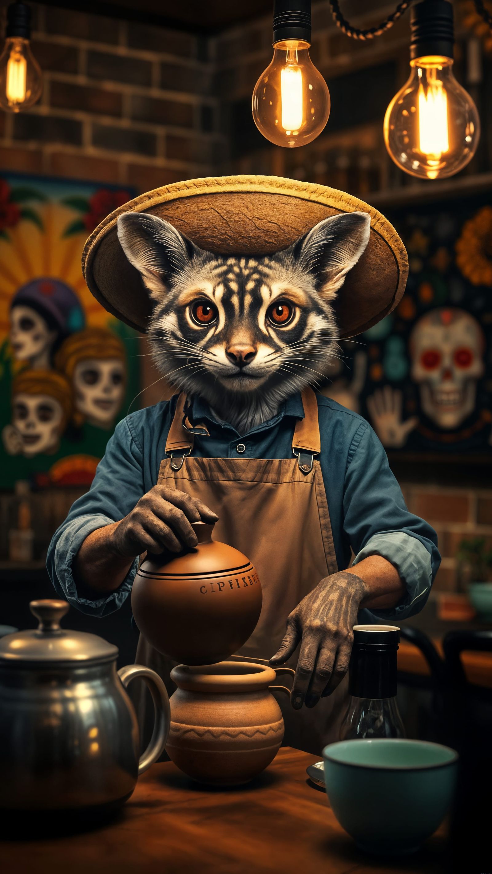 Hip urban café night: anthropomorphic ocelot wearing a felt ...