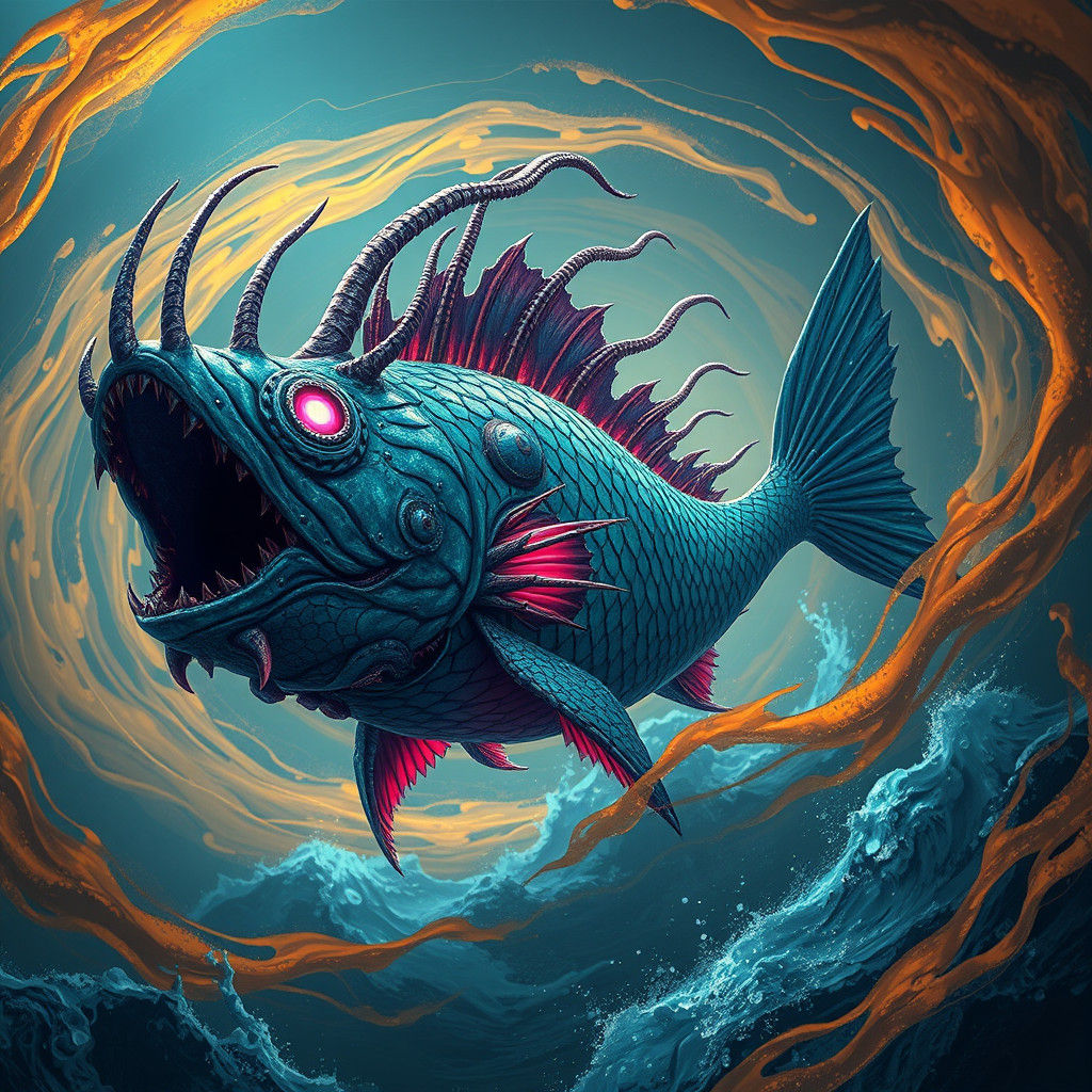 Gargantuan Fish Devil Emerges from Mystical Ocean