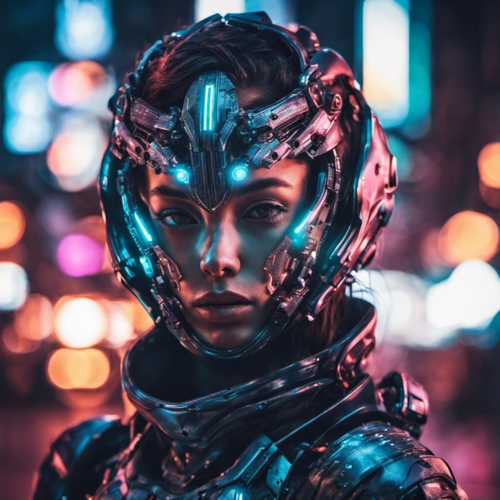 Cyborg Girl Portrait in Neon City at Night