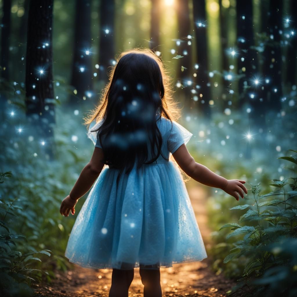 Girl in Forest at Dawn with Fireflies