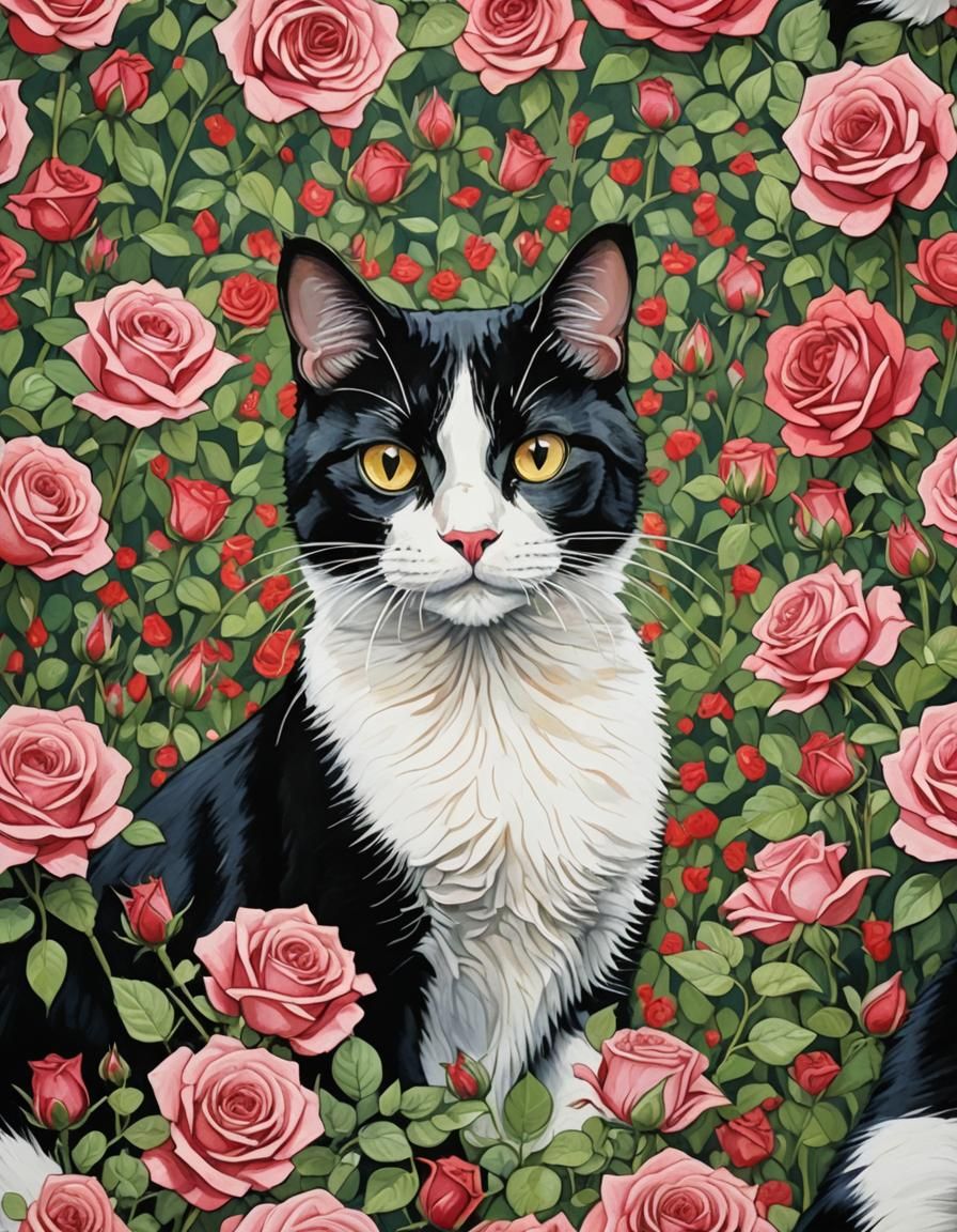 Pop Art: Tuxedo Cat in Rose Garden