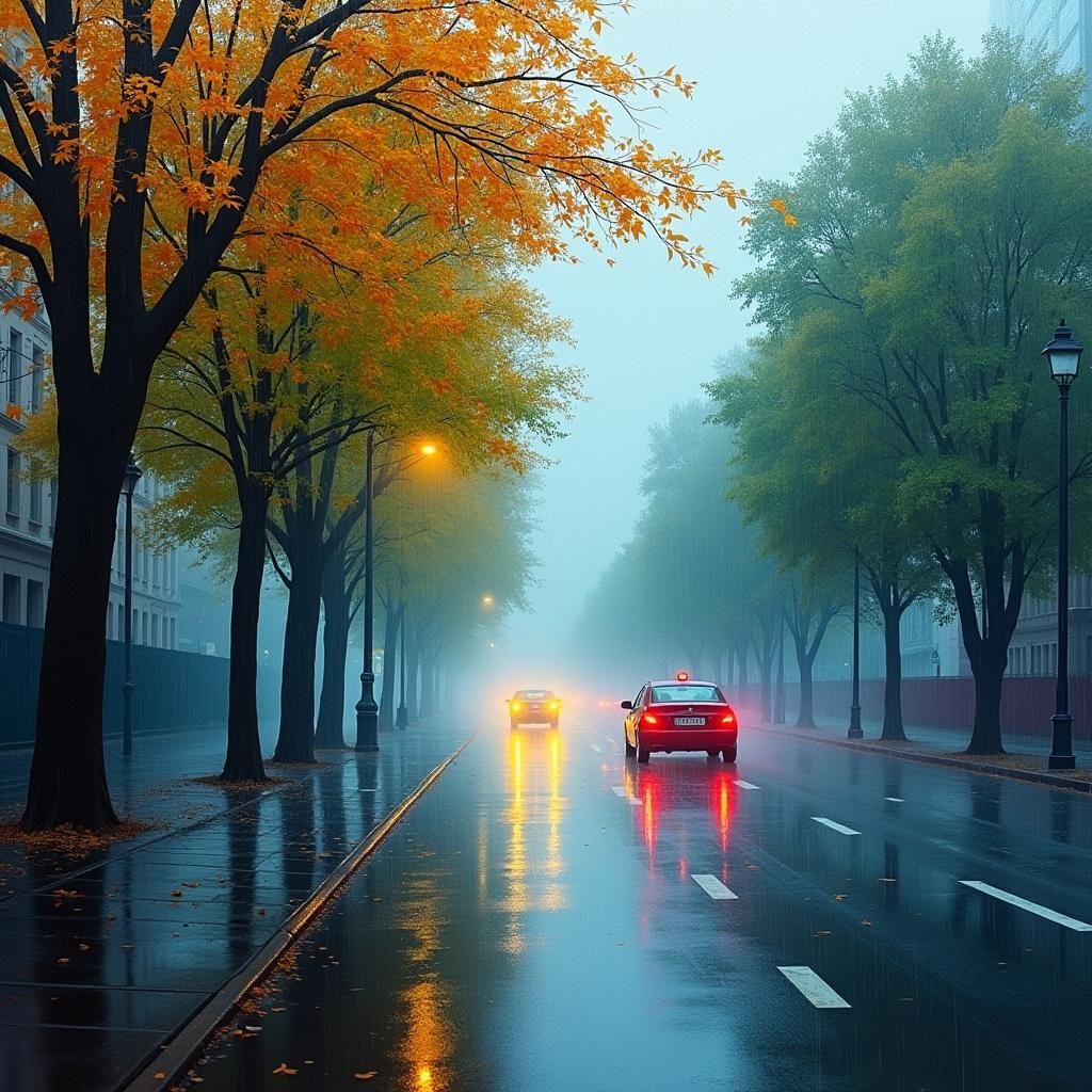 Rainy Street Scene in Expressionist Impasto Style