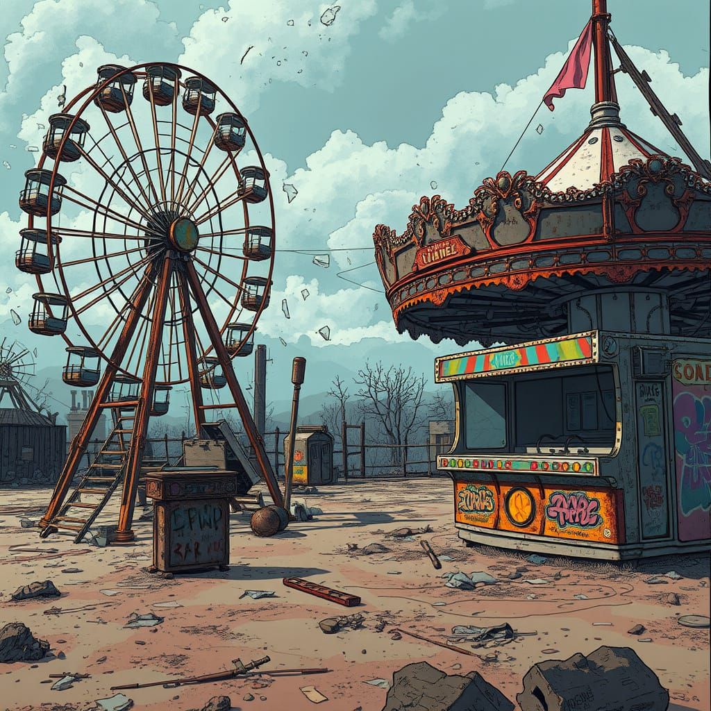 Apocalyptic Abandoned Carnival in Comic Book Style