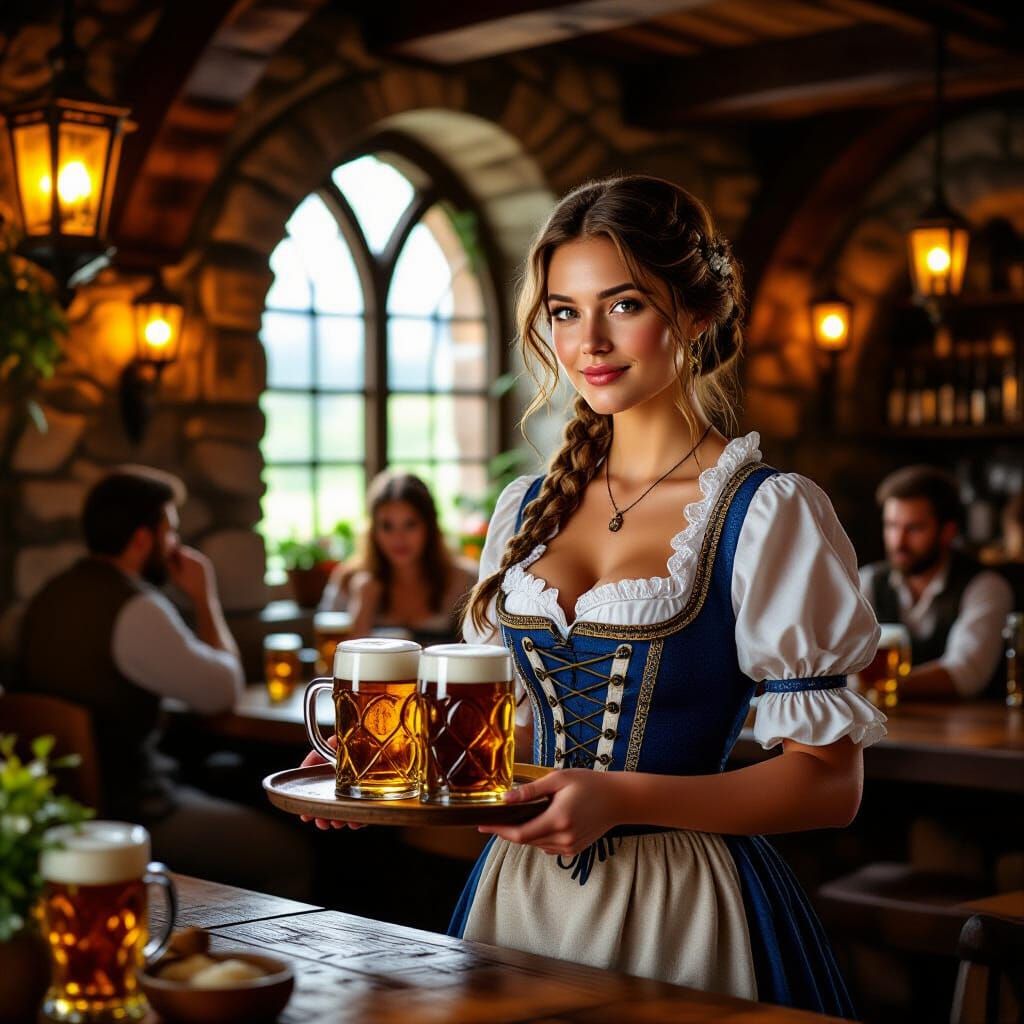 Cozy Medieval Tavern Scene with Woman in Dirndl