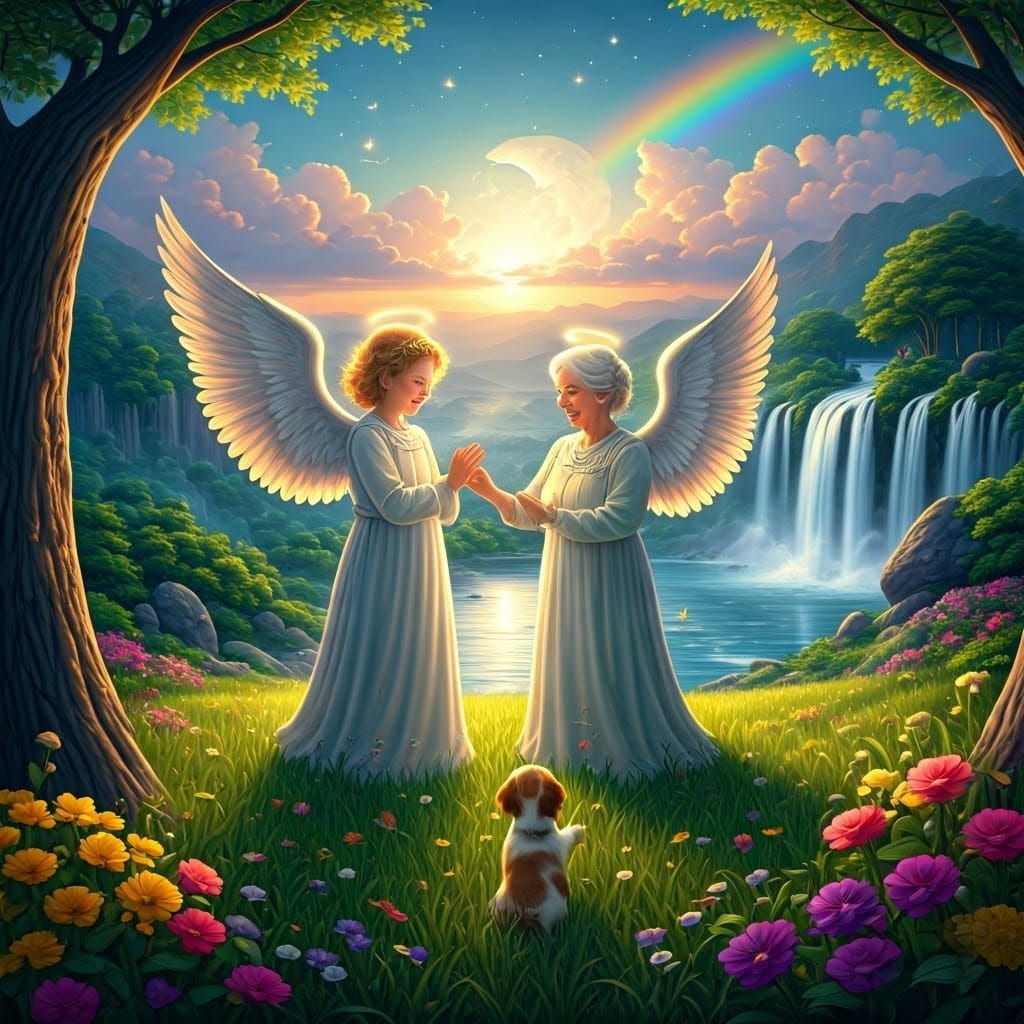 Angels and Puppy at Rainbow Bridge in Ethereal Style