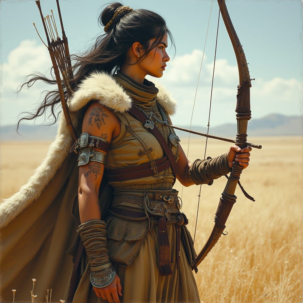 Mongolian Warrior Queen on Windswept Steppe in Hyperrealism