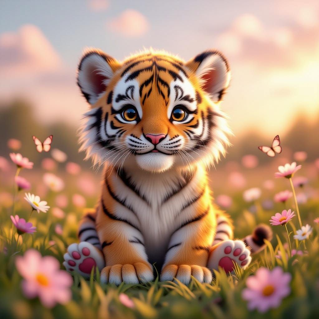 Adorable Baby Tiger in Pastel Flower Meadow