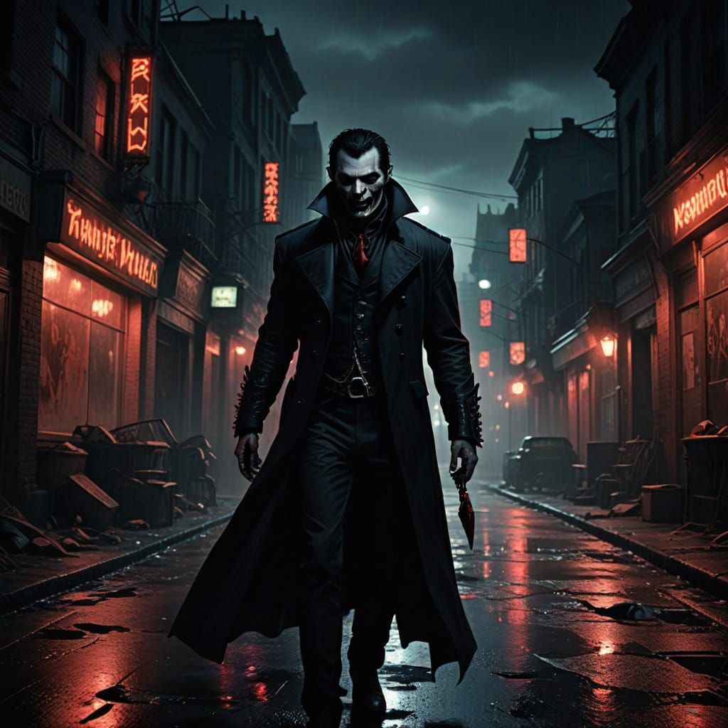 Vampire Emerges from Shadows in Dark Gothic Cityscape