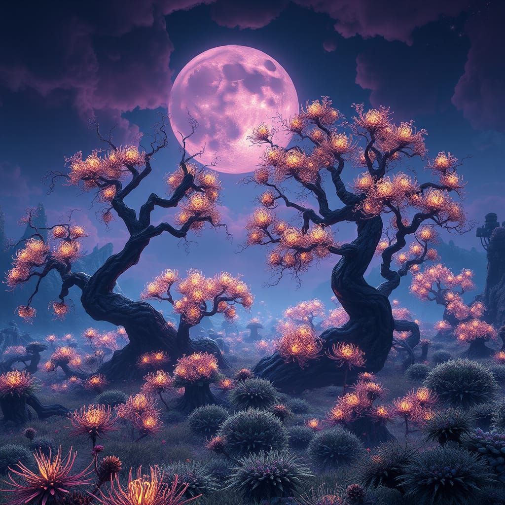 Ethereal Landscape with Glowing Trees in 8K