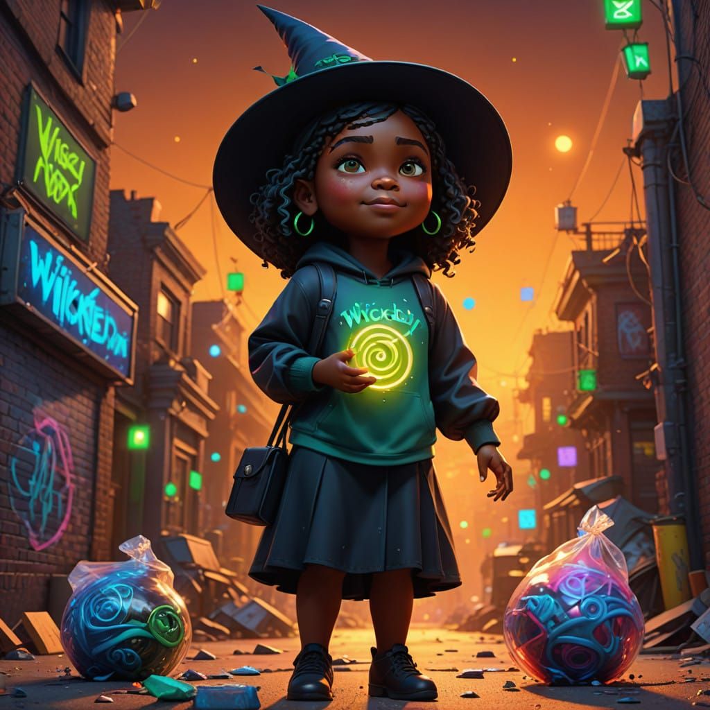 Vibrant Graffiti Portrait of a Young Black Girl in Elphaba A...