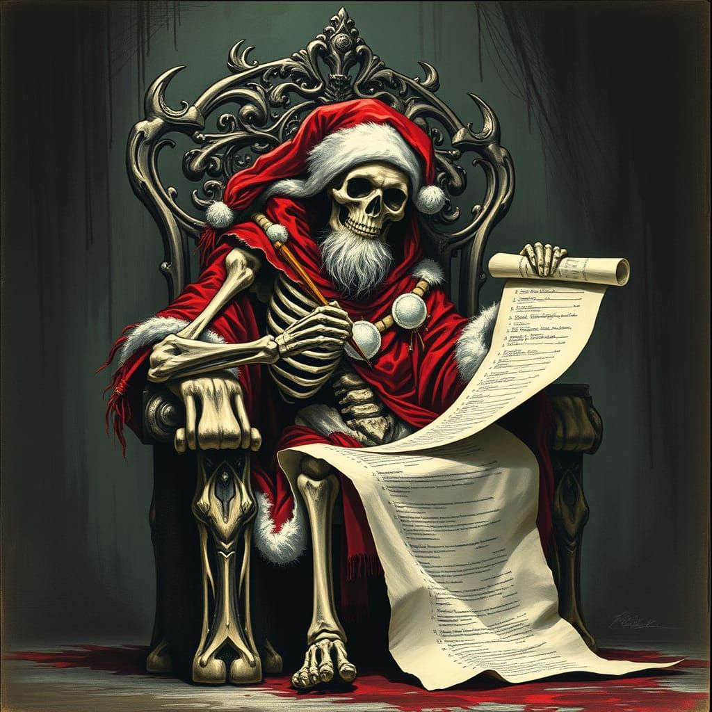 Skeletal Santa Writes Naughty or Nice List