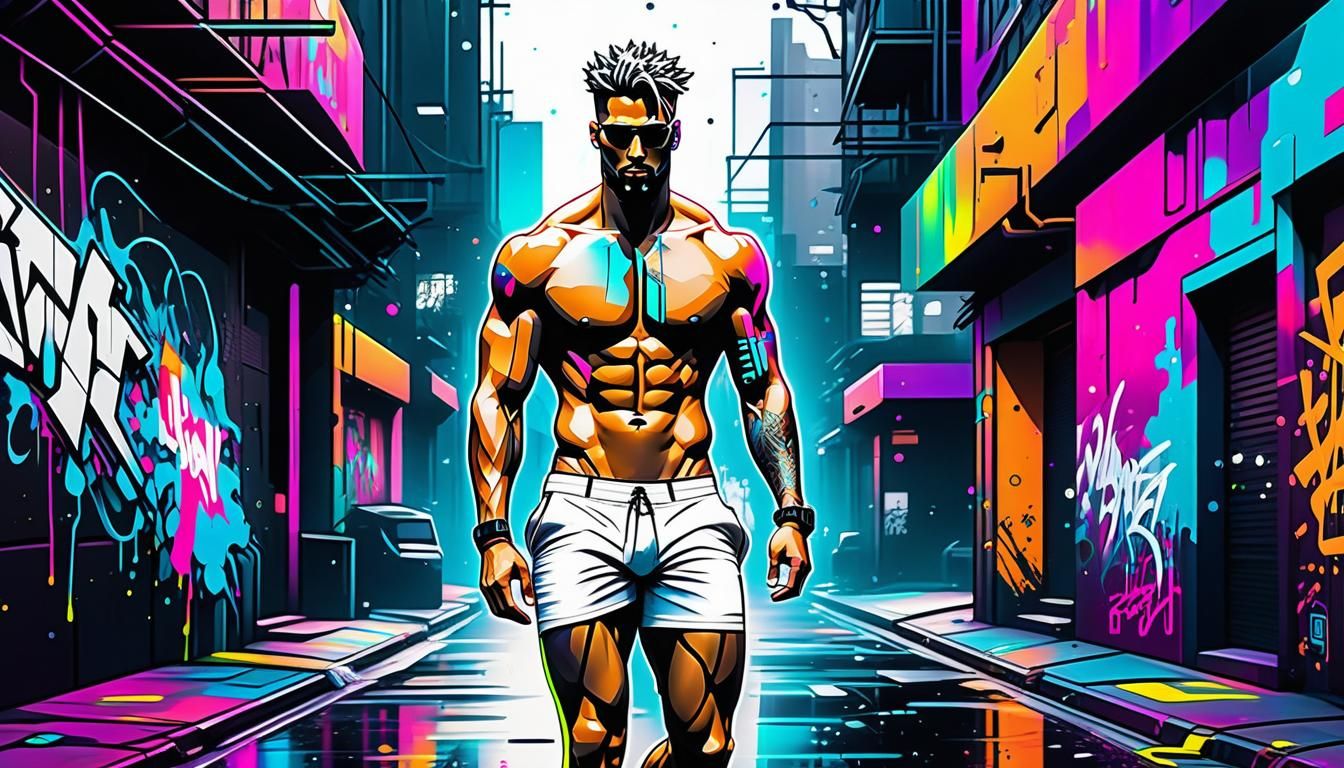 Cyberpunk Man in Neon Graffiti Street Art
