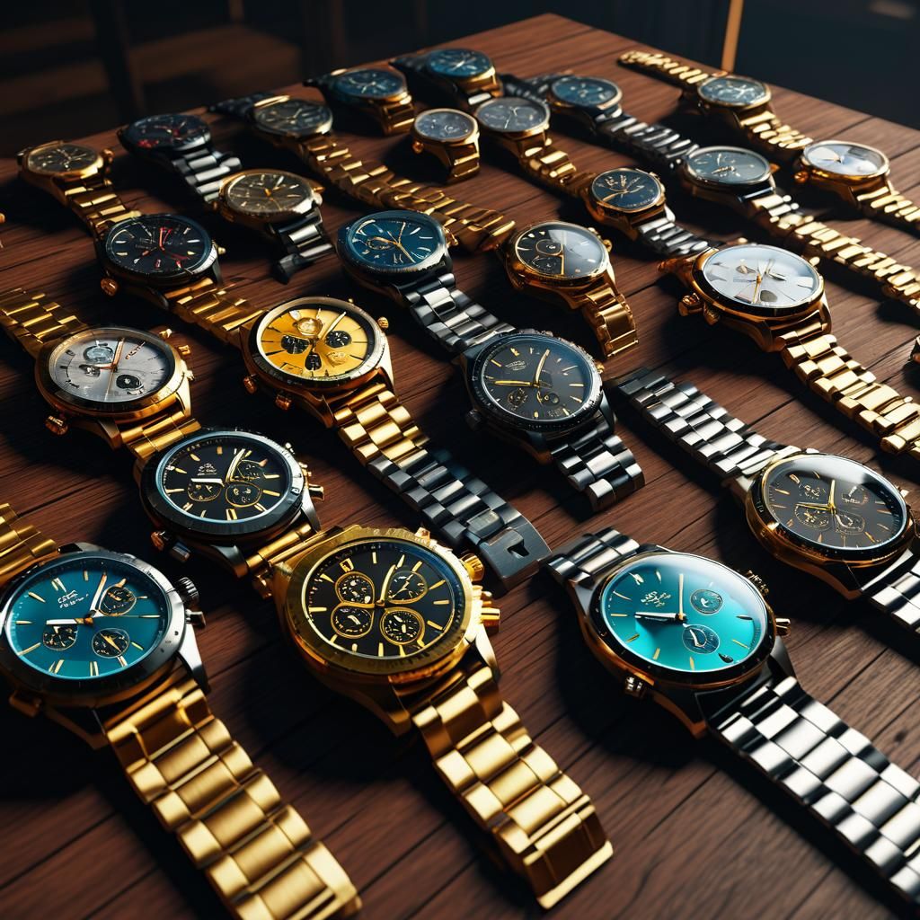Art Deco Wristwatches on Wooden Counter in Unreal Engine