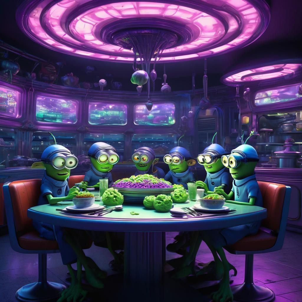 Space Diner with Purple Minions, Pixar-Disney Style