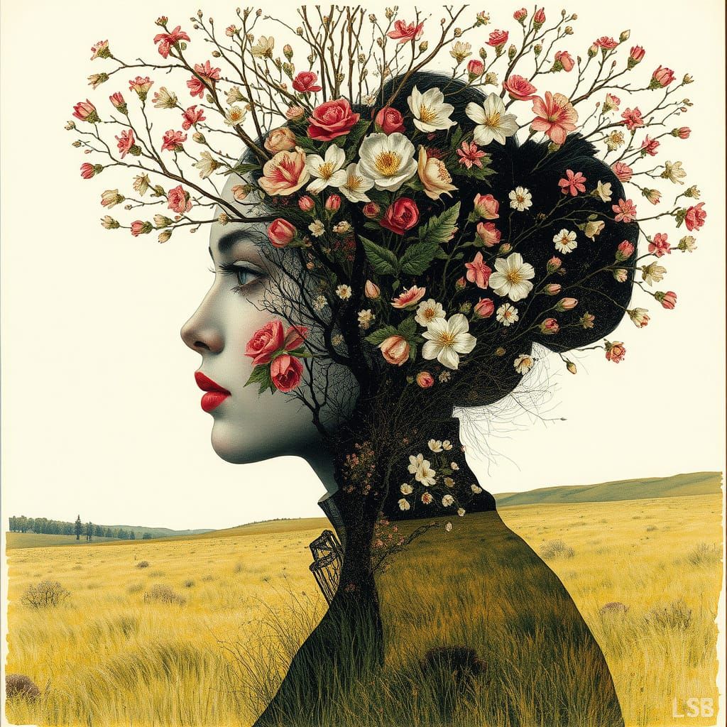 Woman Silhouette with Flowering Branches in Head