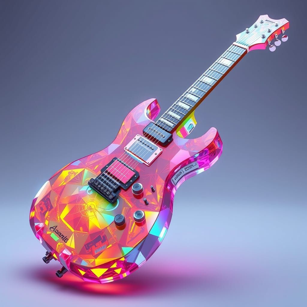 Vibrant Futuristic Crystal Electric Guitar with Cyberpunk Ac...
